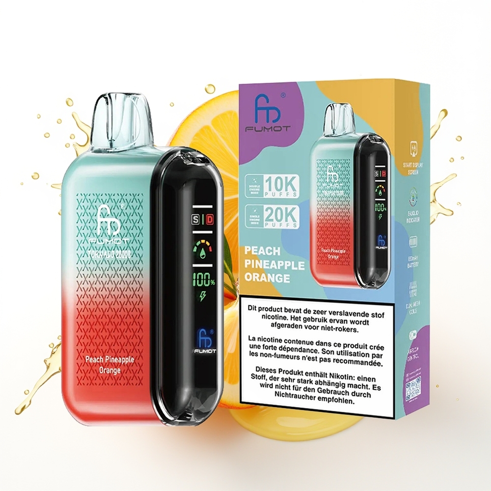 Fumot Tornado 20000 Puffs Dual Mesh Smart Display Breskva Ananas Oranžna