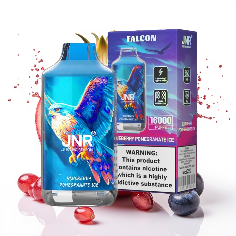 JNR Falcon 16000 Puffov Dual Mesh Coil Enkratni Vape Borovnica Granatnik Led