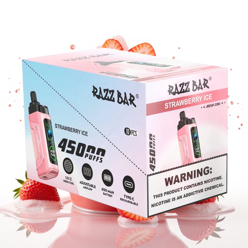Razz Bar 45000 Puffs Enkratna Vape Jagodni Led z 1.0 Ohm Mesh Coil in 650 Mah Baterijo