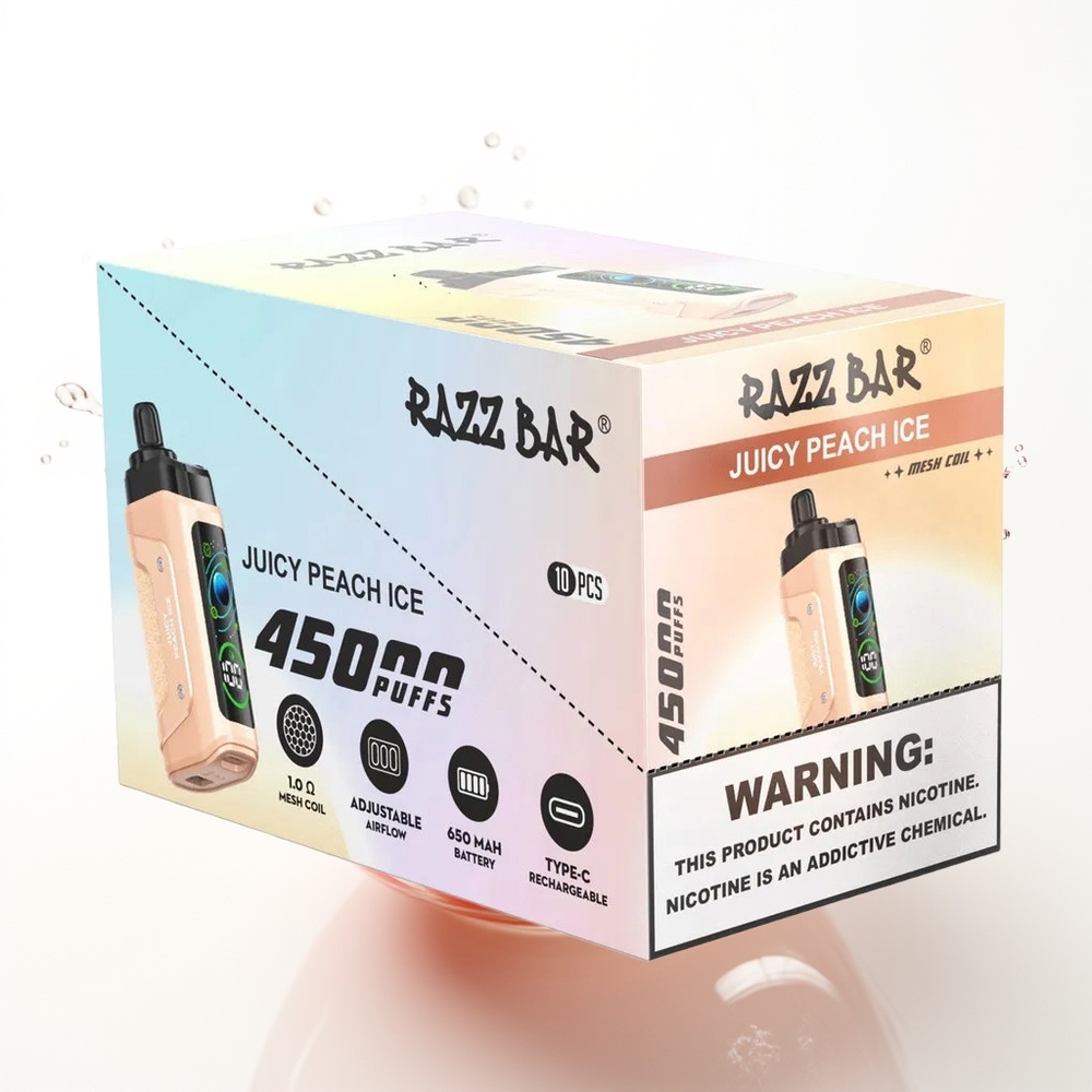 Razz Bar 45000 Puffs Vape Sočna Breskev Led z 1.0 Ohm Mesh Coil in 650 Mah Battery