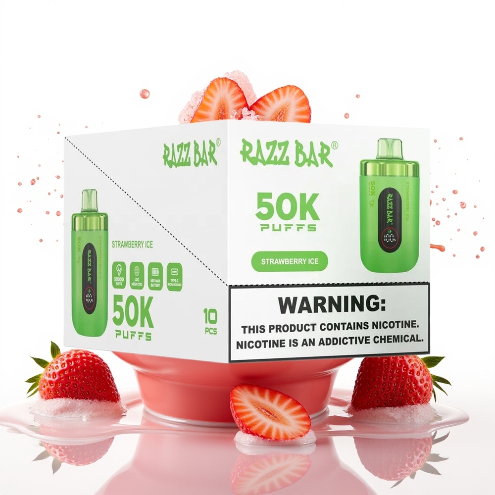 Razz Bar 50K Puffs Enkratna Vape Jagoda Led 1.0 Ohm 2% Nikotin